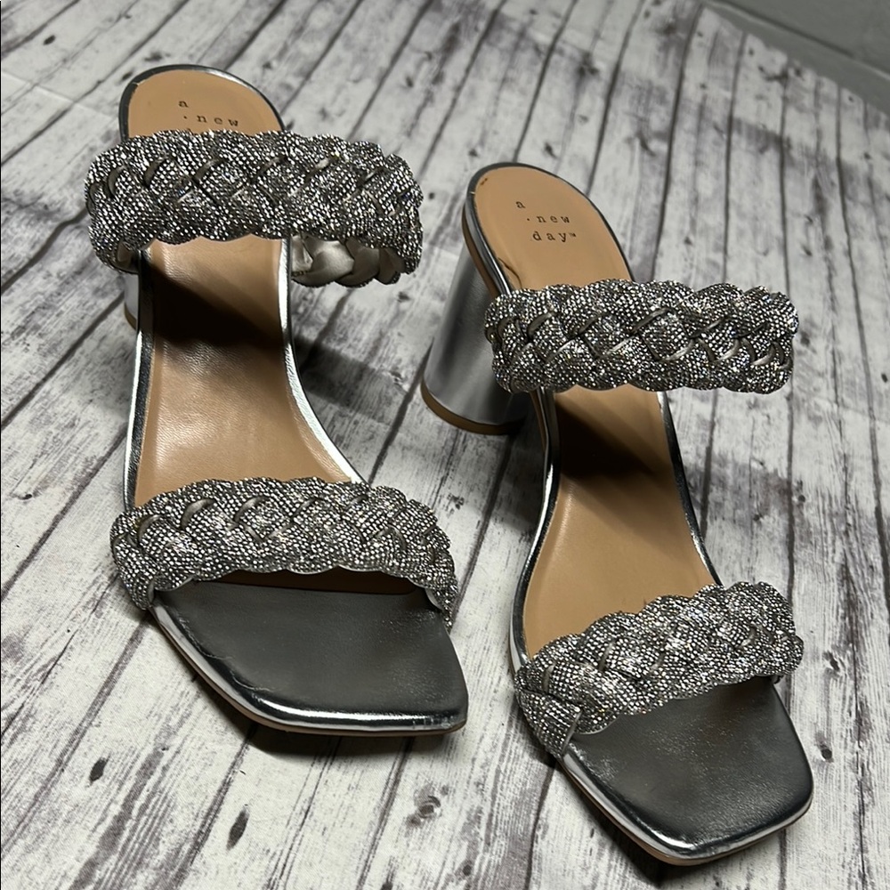 A New Day Silver Braided rhinestone Strap Heels